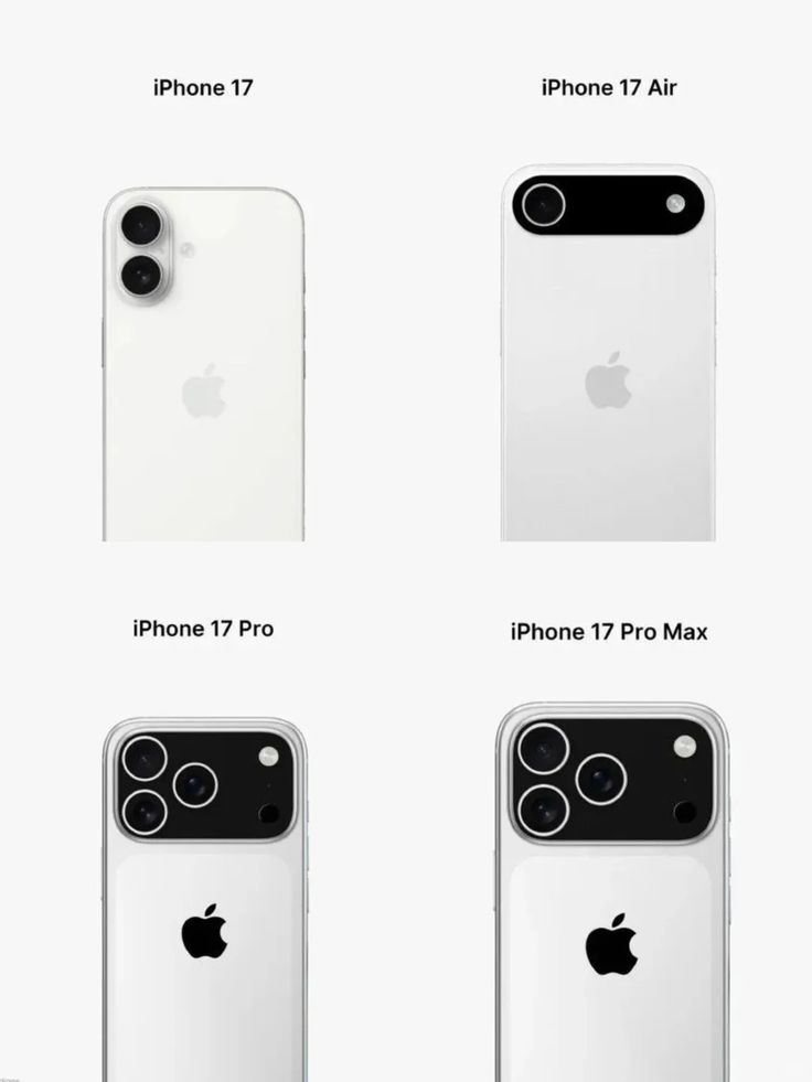 Four iPhone 17 models displayed: iPhone 17, 17 Air, 17 Pro, and 17 Pro Max, showcasing different camera designs.