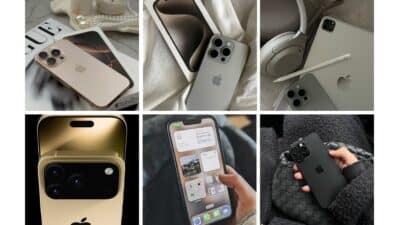 Collage of iPhone showcasing design, camera, apps, and accessories like headphones and stylus.