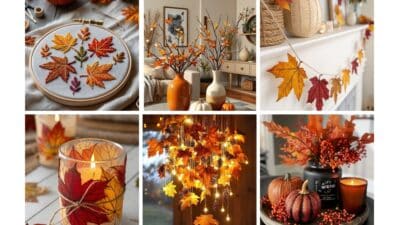 Autumn decor collage with embroidered leaves, candles, garlands, and pumpkins. Warm and cozy seasonal home decorations.