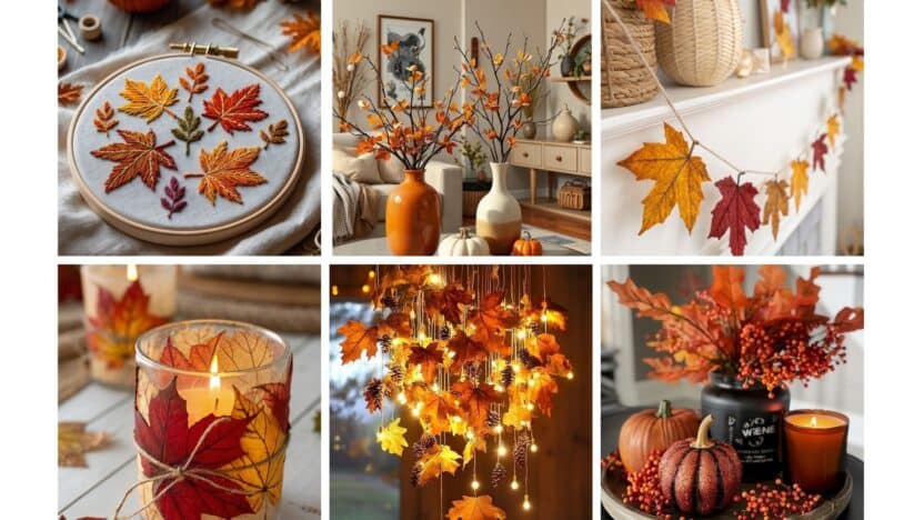 Autumn decor collage with embroidered leaves, candles, garlands, and pumpkins. Warm and cozy seasonal home decorations.