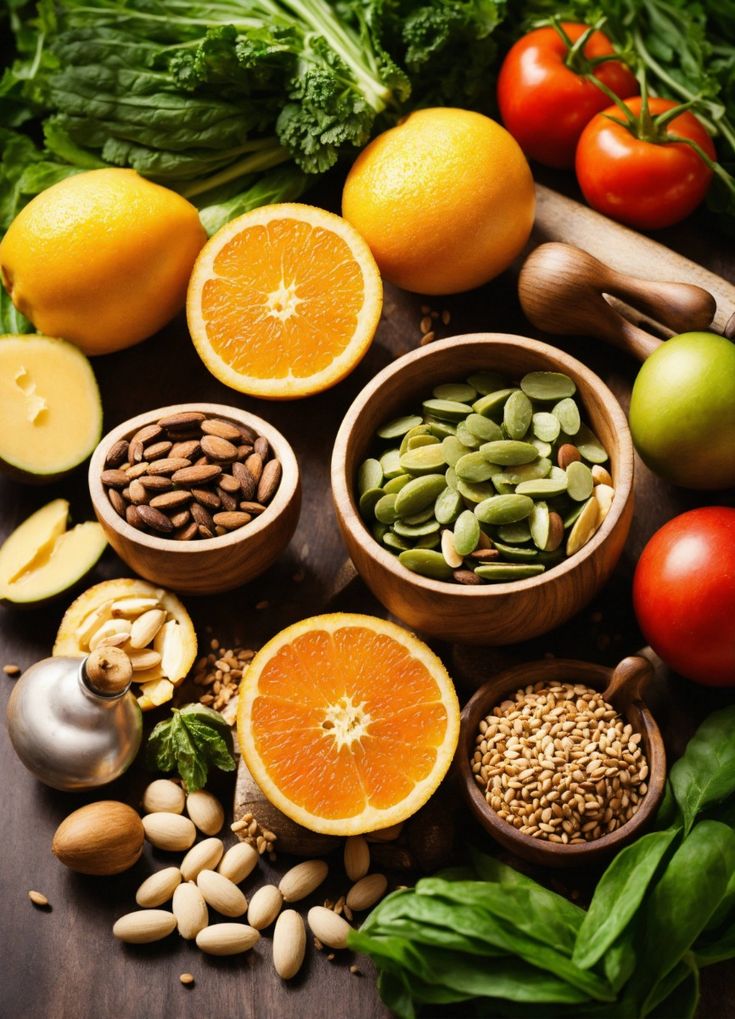 Assorted healthy foods: fresh orange, greens, nuts, seeds, and tomatoes on a wooden table. Perfect for a nutritious diet.