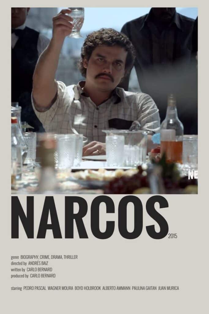 Narcos series poster featuring a man raising a glass, with genre tags: biography, crime, drama, thriller. Directed by Andrés Baiz.