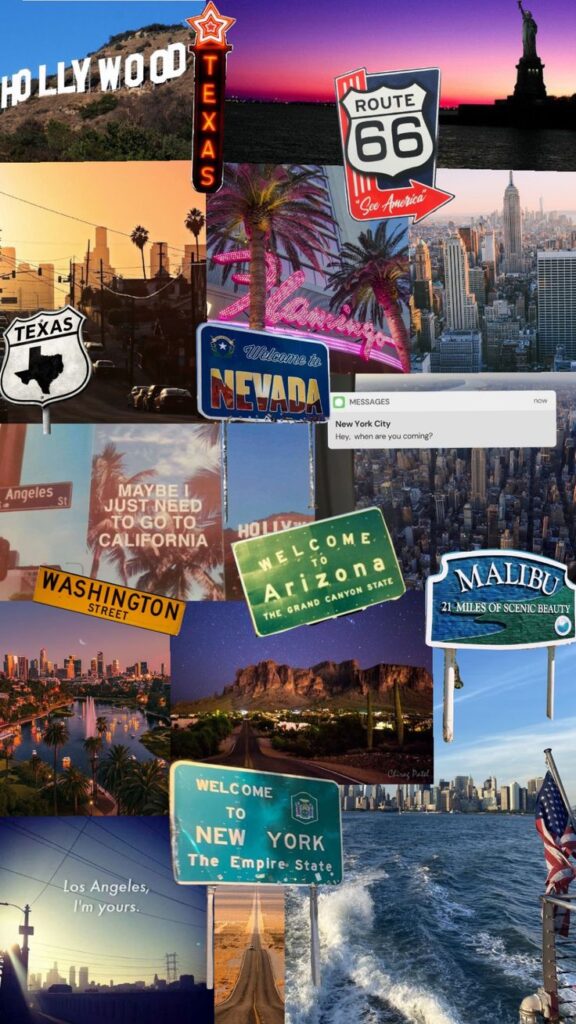 Collage of iconic U.S. travel destinations: Hollywood, Route 66, NYC, Nevada, Texas, Arizona, Malibu, Los Angeles skyline and more.