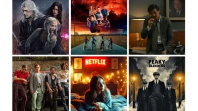 Collage of popular Netflix series, featuring dramatic and dynamic scenes from multiple shows.