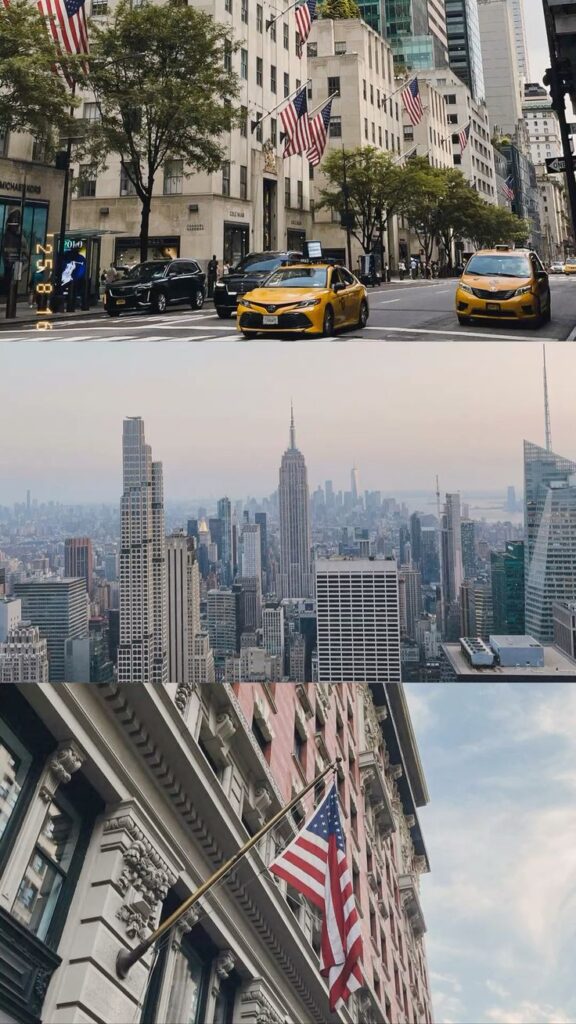 Street view with yellow taxis and flags, New York City skyline, and close-up of American flag on historic building. Iconic NYC scenes.