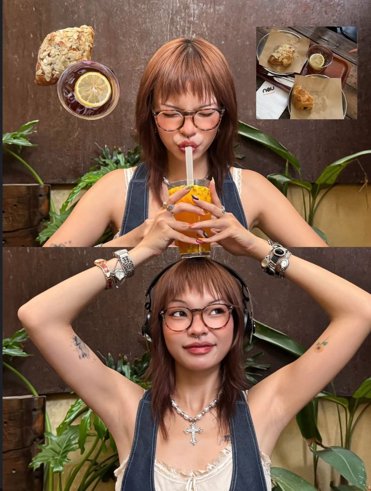 Young woman sipping juice and wearing headphones, with bread and iced tea nearby. Stylish setting with plants and casual vibe.