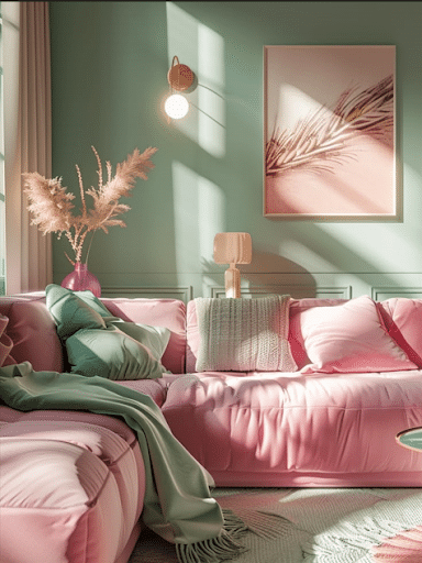Chic living room with pink sofa, green walls, pampas grass vase, and soft lighting, creating a cozy, modern aesthetic.