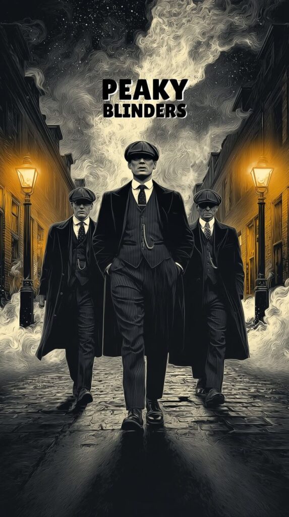 Three men walk confidently down a cobblestone street, dressed in vintage suits and hats. Peaky Blinders text above. Dark, moody ambiance.