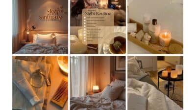 Cozy bedroom and bath collage with candles, a night routine list, skincare products, and a serene reading nook. Perfect sleep sanctuary.
