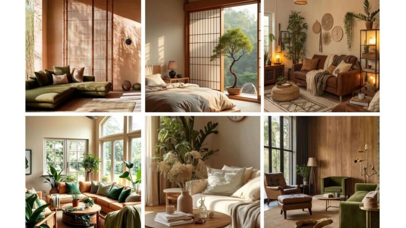 Collage of cozy, sunlit interiors with earthy tones, plants, and modern furniture creating a warm, inviting ambiance.