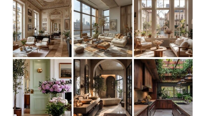Collage of elegant, sunlit interiors with classic and modern design, featuring cozy living spaces, a luxurious bathroom, and a lush kitchen.