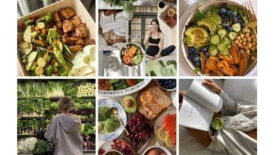 Healthy lifestyle collage featuring nutritious meals, fresh vegetables, and self-care moments with yoga and reading.