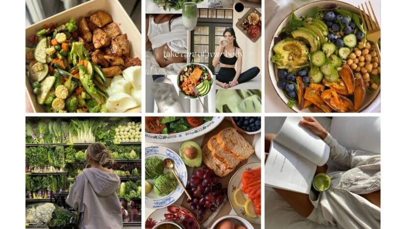 Healthy lifestyle collage featuring nutritious meals, fresh vegetables, and self-care moments with yoga and reading.