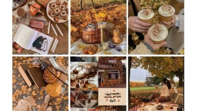 Autumn collage: cozy blankets, coffee cups, pumpkin treats, fall leaves, and outdoor picnics. Perfect autumn vibes and aesthetics.