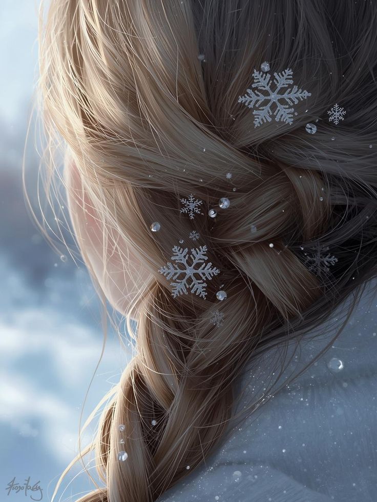 Close-up of braided hair with snowflakes and dew drops, capturing a wintery, artistic vibe. Perfect for seasonal and beauty themes.