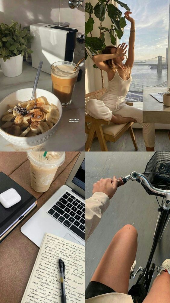 Collage: Breakfast bowl with coffee, woman enjoying sunlight, workspace with laptop and notebook, person cycling leisurely.