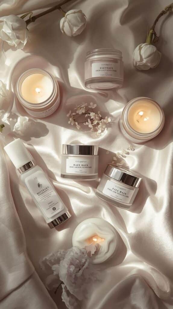 Luxurious skincare products and candles on satin with white flowers, creating a serene and elegant spa-like ambiance.