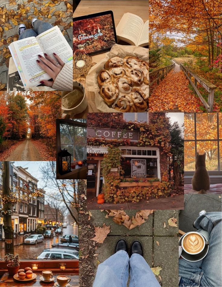 Cozy autumn collage: reading, coffee, cinnamon rolls, and scenic fall foliage creates warm seasonal vibes. Perfect for a crisp fall day.