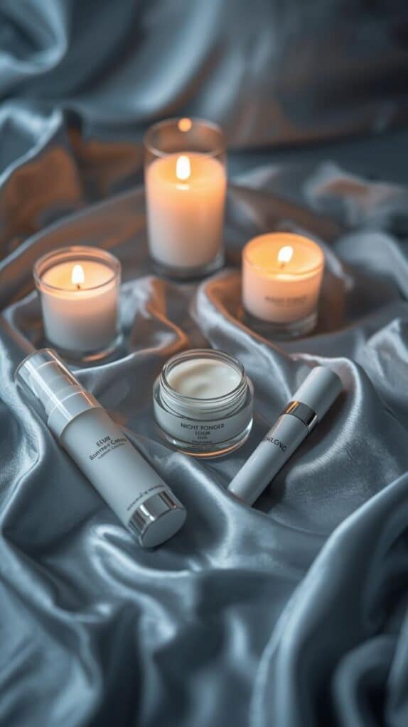 Luxury skincare products with lit candles on silky fabric, creating a relaxing and elegant spa-like atmosphere.
