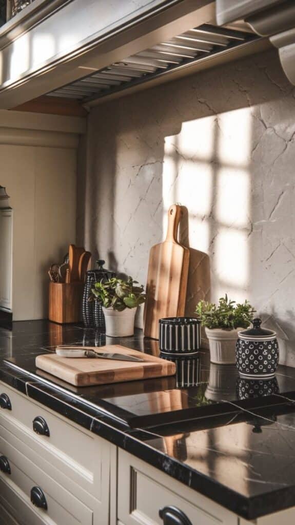 Sunlit kitchen counter with wooden cutting boards, potted plants, and ceramic containers on a sleek black marble surface.
