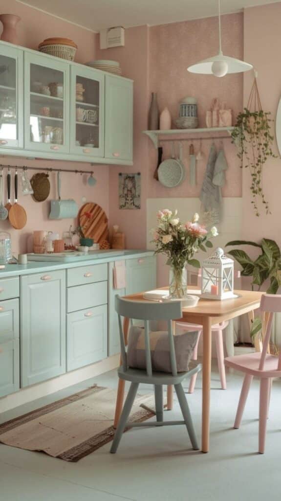 Charming pastel kitchen interior with mint cabinets, pink accents, and a wooden table adorned with flowers. Cozy and stylish decor.