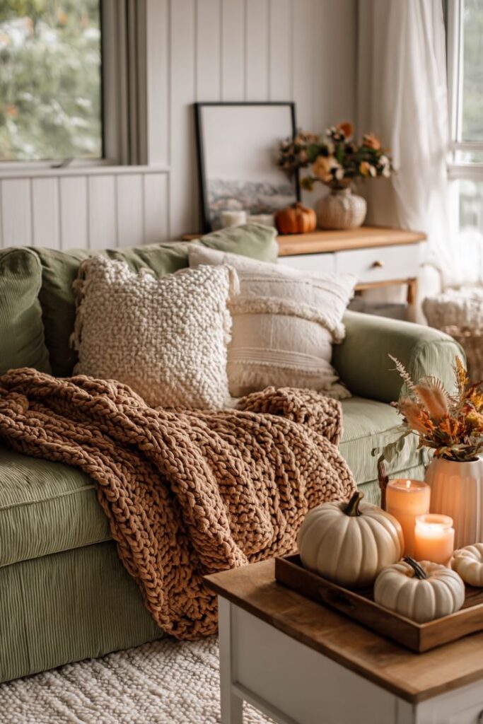 Cozy autumn living room with green sofa, knit blanket, pumpkins, and candles, creating a warm and inviting seasonal ambiance.