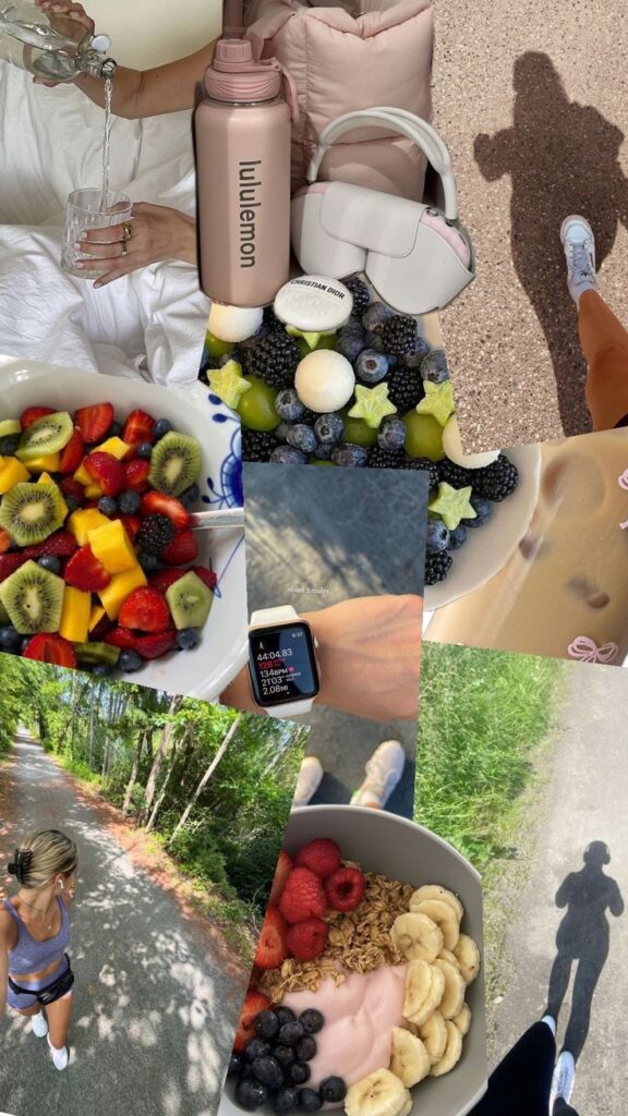Collage of healthy lifestyle: yoga mat, fruits, smartwatch with running stats, and outdoor exercise. Fitness and wellness vibe.