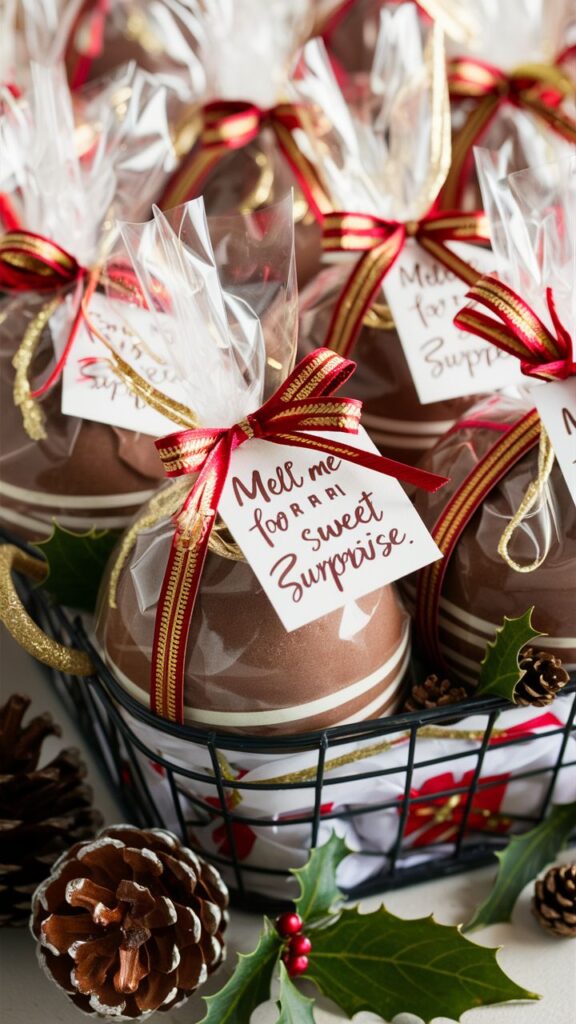 Festive chocolate gift wrapped in cellophane with red ribbon and pinecones, perfect for a holiday surprise.