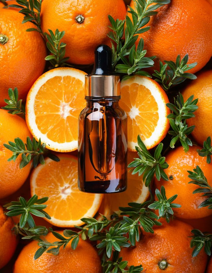 Amber dropper bottle among fresh oranges and greenery, highlighting natural skincare and citrus essential oils.