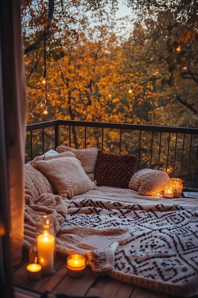 Cozy autumn balcony with string lights, candles, and plush pillows, perfect for a relaxing evening in nature.