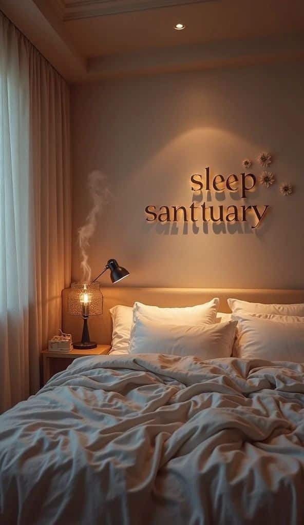Cozy bedroom with sleep sanctuary wall decor, soft lighting, and inviting bed, creating a peaceful retreat for relaxation.