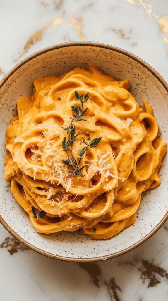 Creamy pumpkin pasta garnished with fresh thyme and Parmesan, served in a rustic bowl for a cozy autumn meal.