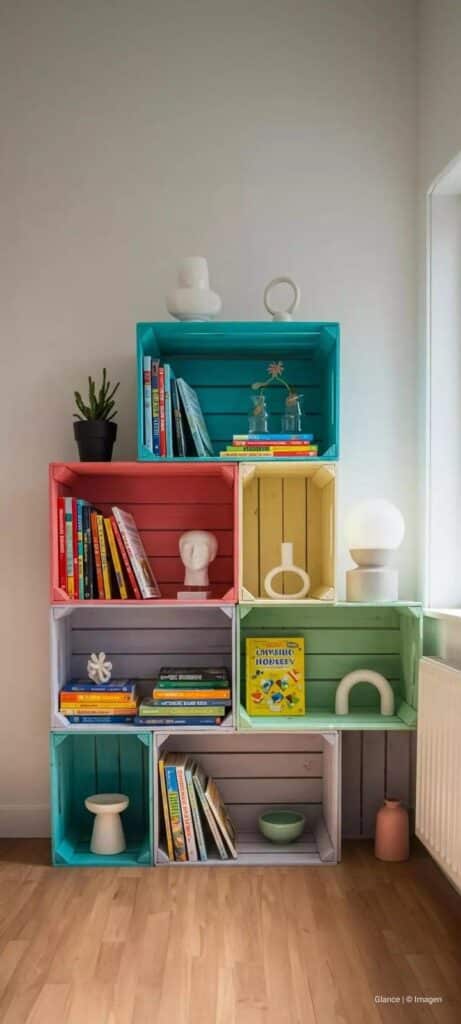 Colorful crate bookshelf with books, trinkets, and plants, adds a vibrant accent to a bright room with wooden flooring.