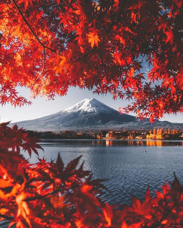 Mount Fuji framed by vibrant red autumn leaves over a serene lake in Japan.