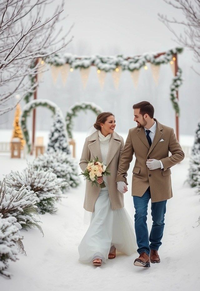 Couple walking in a snowy winter wedding scene, wearing beige coats, with festive lights and greenery in the background.