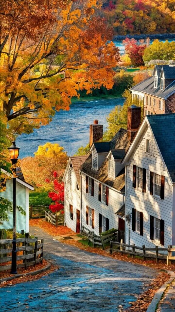 Quaint village road with autumn foliage, historic homes, and a serene river view, capturing the essence of fall's vibrant colors.
