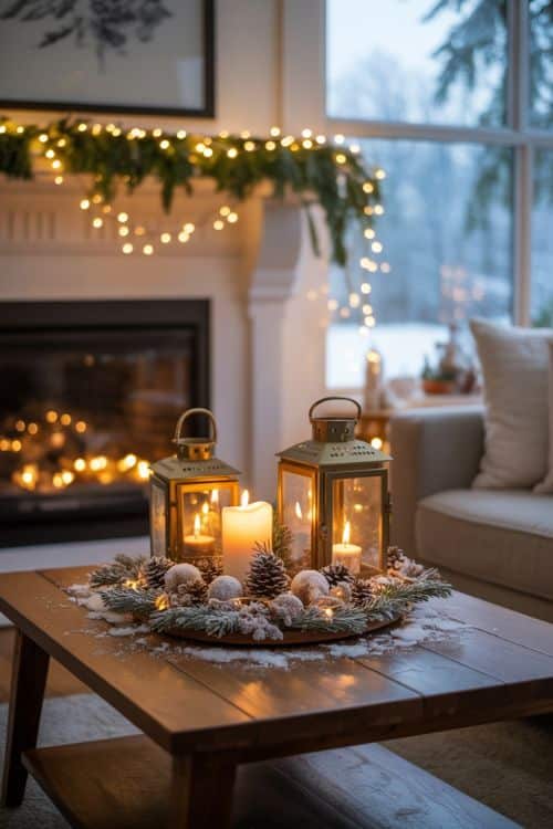 Cozy living room with candle-lit lanterns and festive decorations, perfect for relaxing winter evenings by the fireplace.