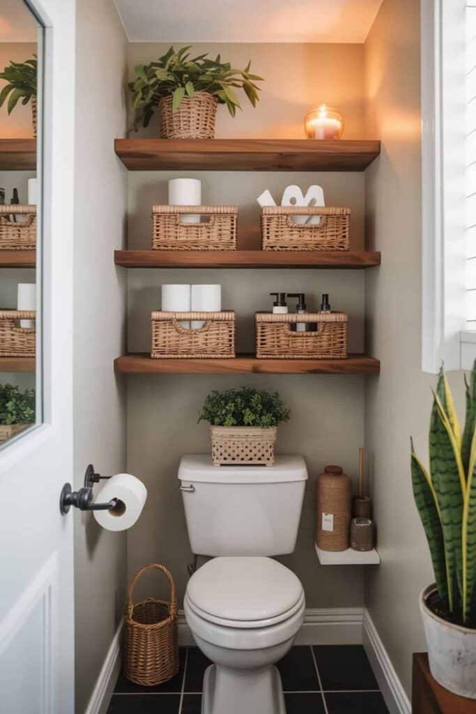 Stylish bathroom with wooden shelves, wicker baskets, plants, and a candle for a cozy and organized look.