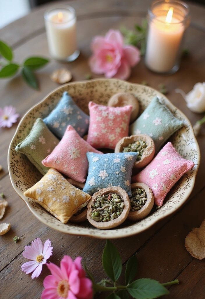 Floral sachets and herbs in decorative bowl with candles and flowers, creating a cozy and aromatic setting.