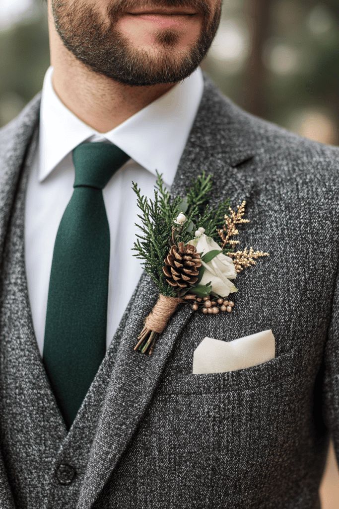 Man in a gray suit with a green tie, wearing a boutonniere of pinecones and greenery, exuding elegance and style.