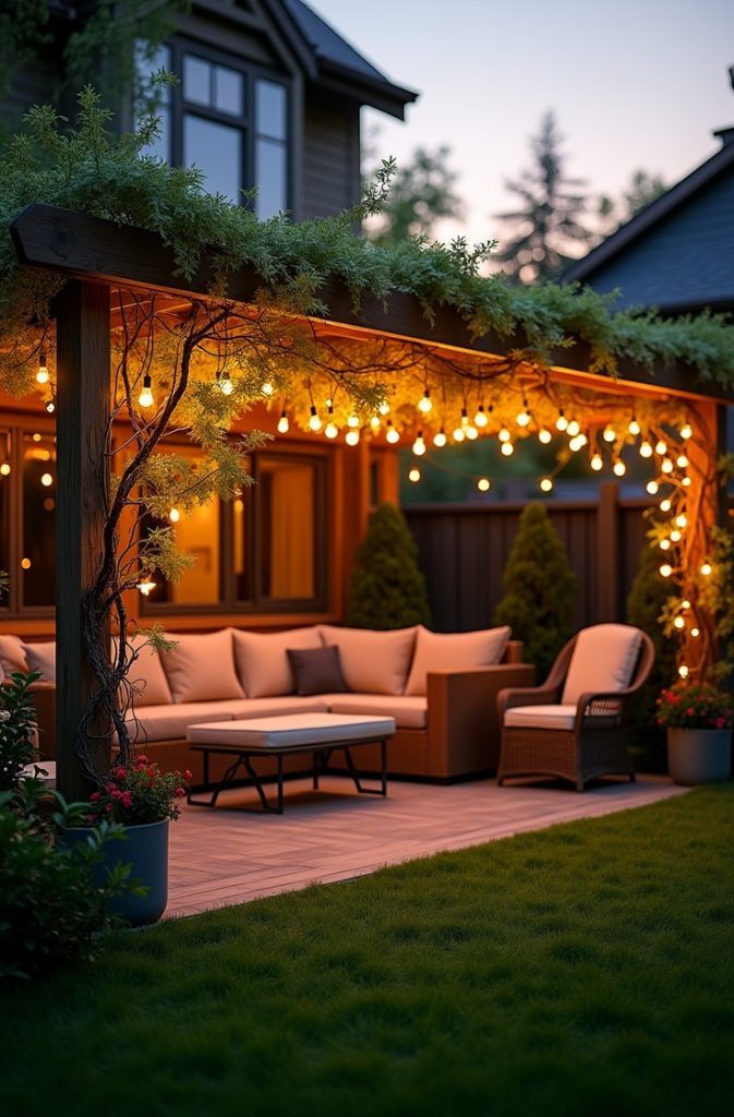 Cozy backyard patio with string lights, comfy seating, and lush greenery, perfect for relaxing evening gatherings.