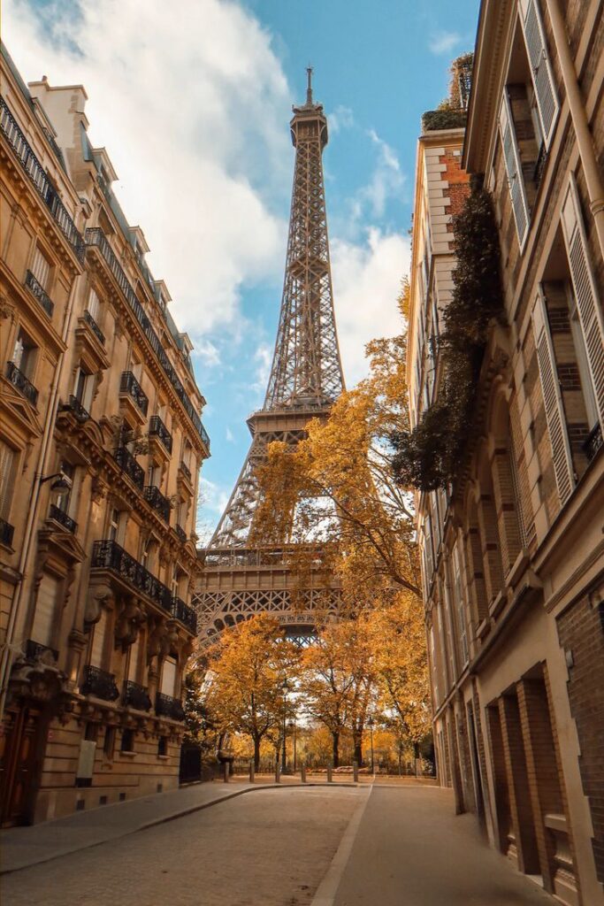 Eiffel Tower framed by Parisian autumn street view, with colorful leaves and clear sky. Perfect for travel enthusiasts.