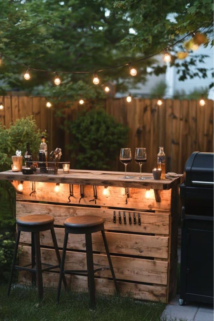 Outdoor backyard bar setup with string lights, wooden stools, and glasses on the counter, creating a cozy evening ambiance.