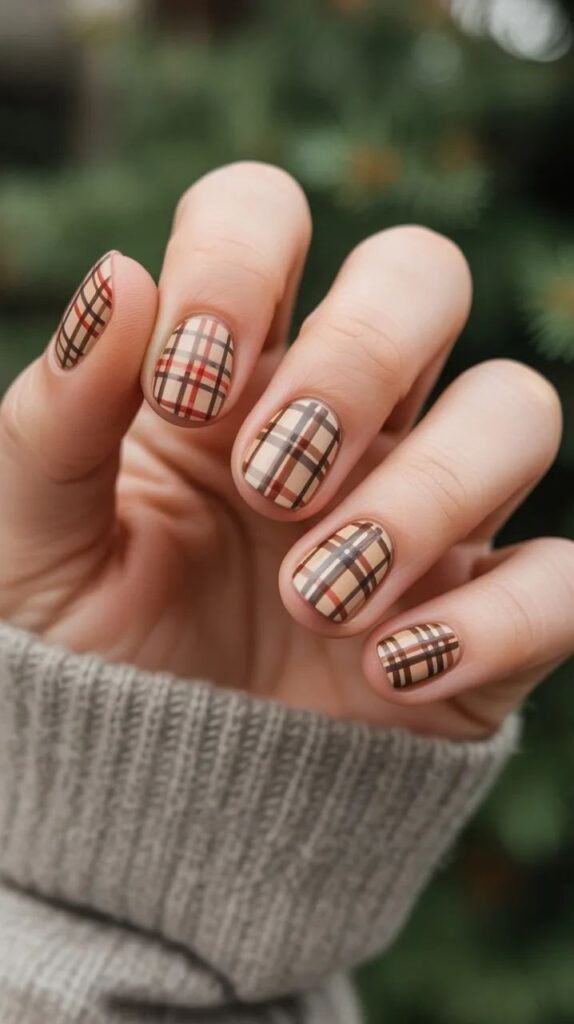 Close-up of hand with beige plaid nail art, cozy sweater backdrop; trendy fall nail design inspiration.