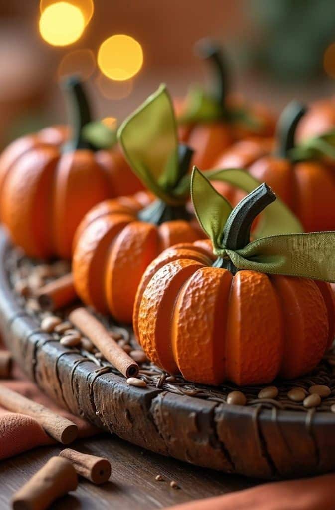 Festive centerpiece with orange pumpkins, green ribbon accents, and cinnamon sticks on a rustic wooden plate. Cozy autumn decor.