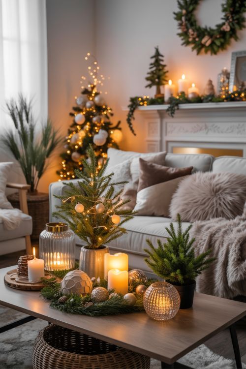 Cozy living room with Christmas decor, candles, wreath, and tree lights, creating warm holiday ambiance and festive charm.