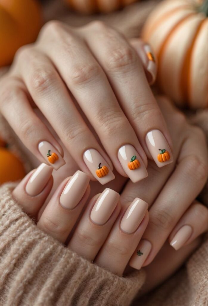 Nude nails with adorable pumpkin art, perfect for fall fashion and festive manicure inspiration.