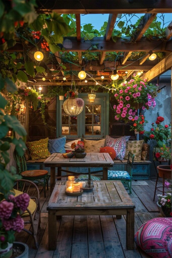 Cozy garden patio with string lights, vibrant flowers, and a wooden table setting, perfect for relaxing evenings.