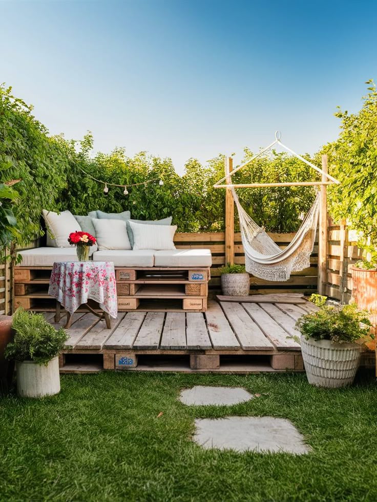 Cozy outdoor pallet sofa and hammock setup on a wooden deck surrounded by greenery; perfect for a relaxing garden retreat.