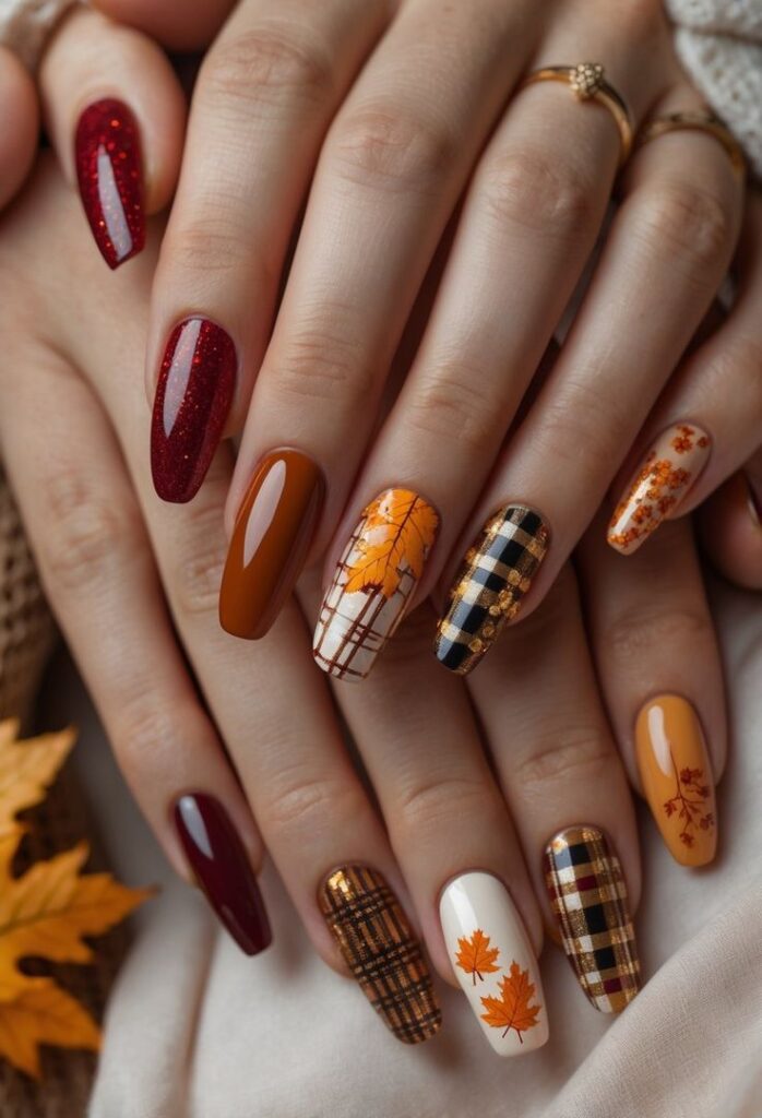 Autumn-themed nail art with plaid, leaves, and earthy hues, showcasing stylish manicure designs for the fall season.